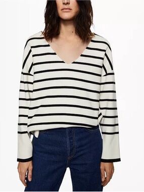 Mango Black and White Striped Fine-Knit Oversized V-Neck Sweater - Small